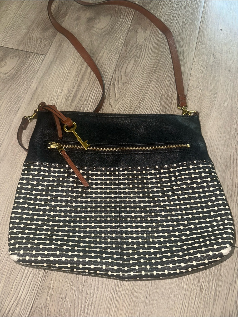 Fossil Black & White Pattern Coated Canvas Crossbody Bag Purse